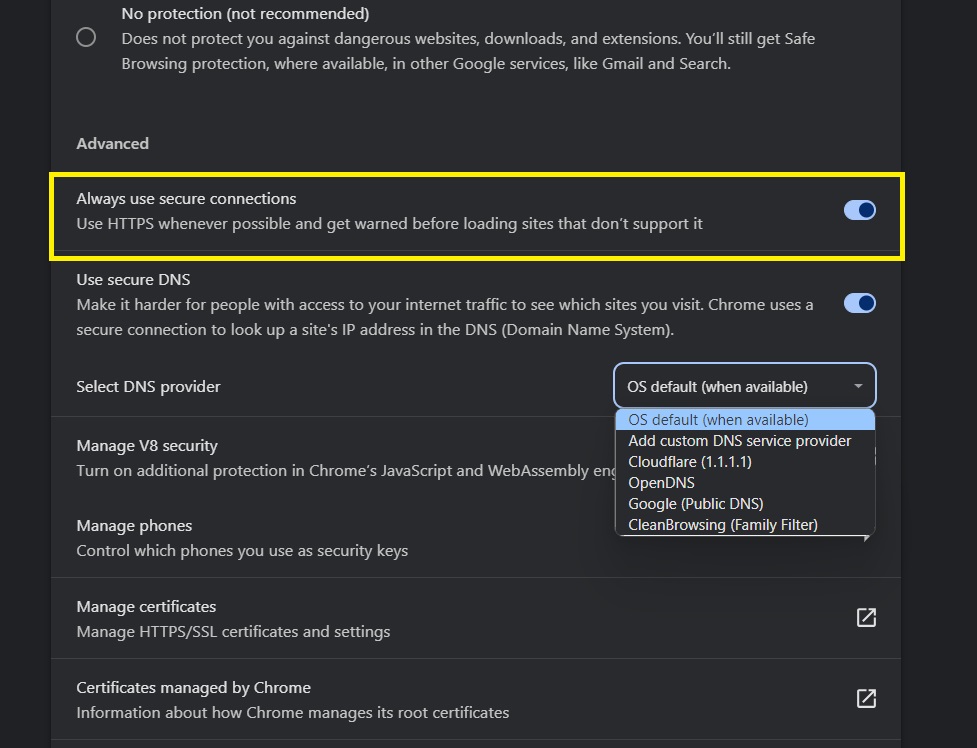always use secure connection Chrome Browser Security Settings Hindi