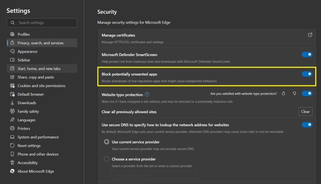 block potentially unwanted apps Edge Browser Security Settings Hindi