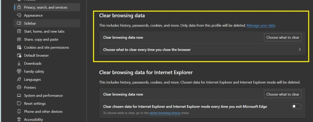 clear browsing data Edge Browser Security Settings Hindi