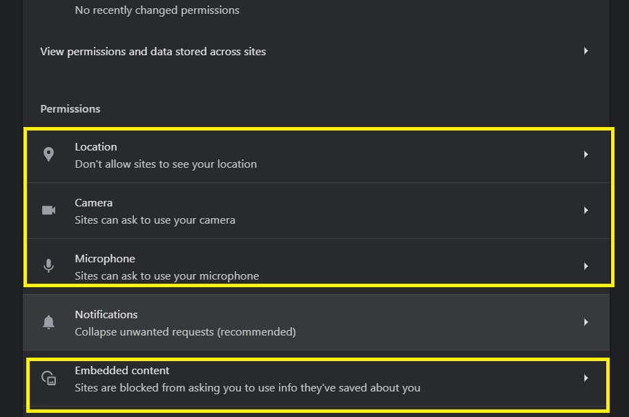 location camera mic embedded content Chrome Browser Security Settings Hindi