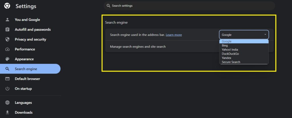 search engine Chrome Browser Security Settings Hindi