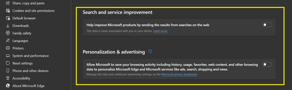 search service personalization and advertising Edge Browser Security Settings Hindi