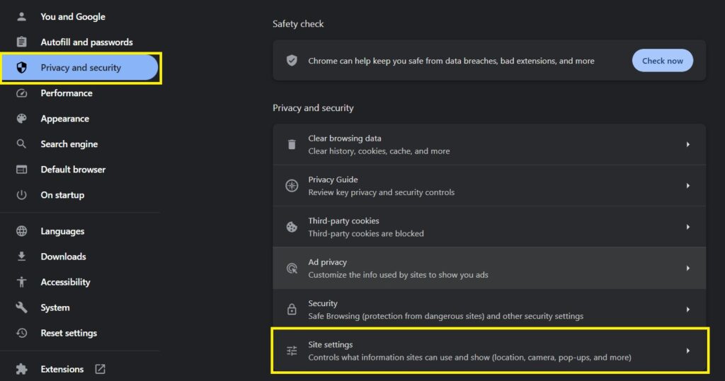 site settings Chrome Browser Security Settings Hindi