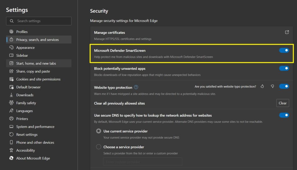 smart screen Edge Browser Security Settings Hindi