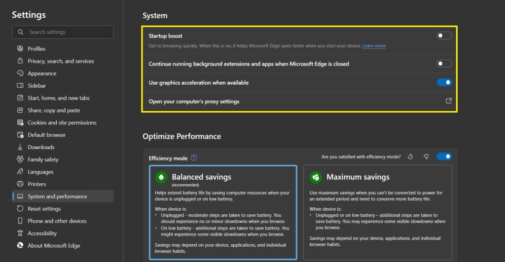system and performance Edge Browser Security Settings Hindi