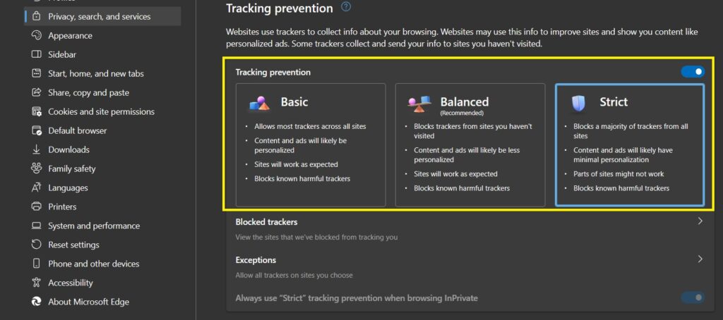 tracking prevention Edge Browser Security Settings Hindi