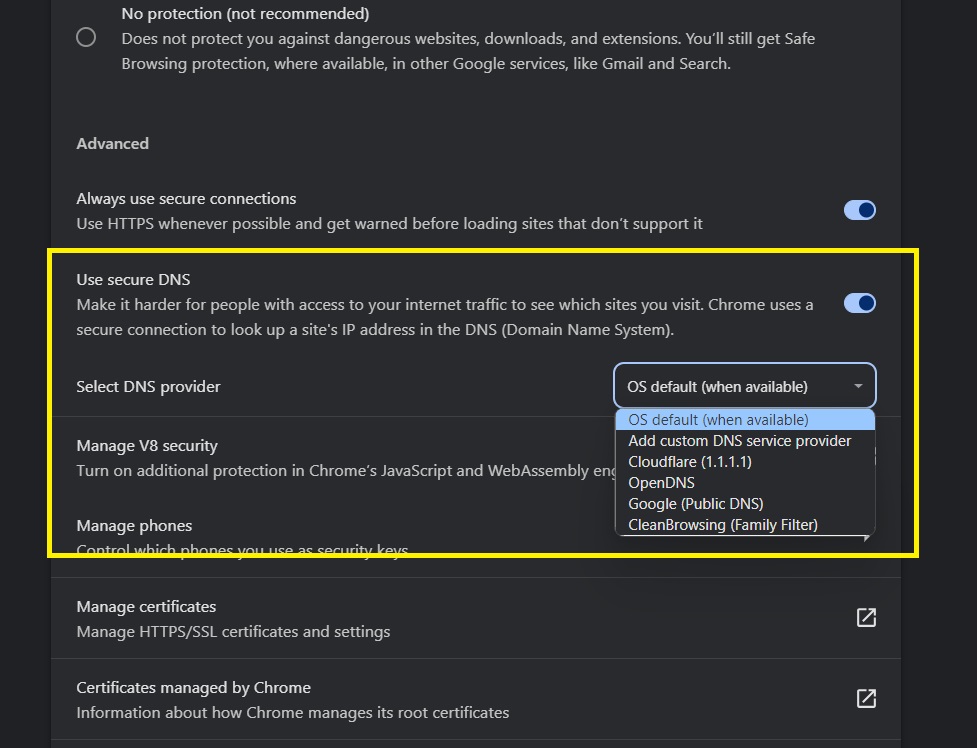 use secure dns connection Chrome Browser Security Settings Hindi