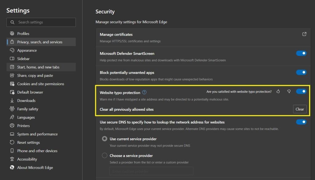website typo protection Edge Browser Security Settings Hindi